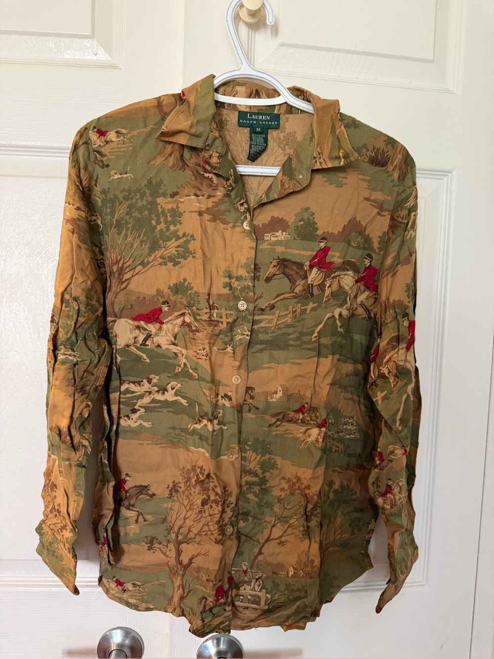 Ralph Lauren Tan Green Hunting Scene Button-Up Shirt with Red Accents